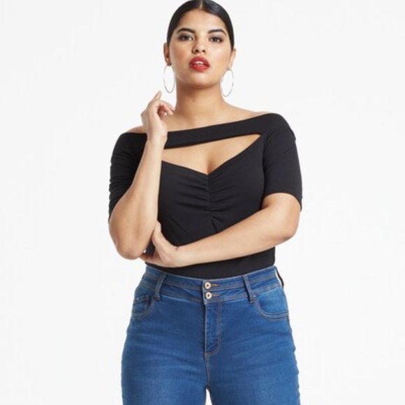 Simply Be Women's Black Bardot Cut Out Ruched Neck Top - Picture 4 of 4